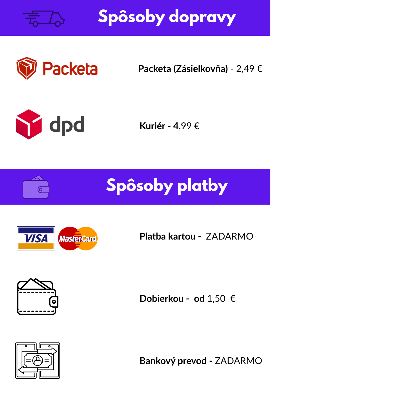 sposoby platby a dobravy DPD, bez  osobneho odberu
